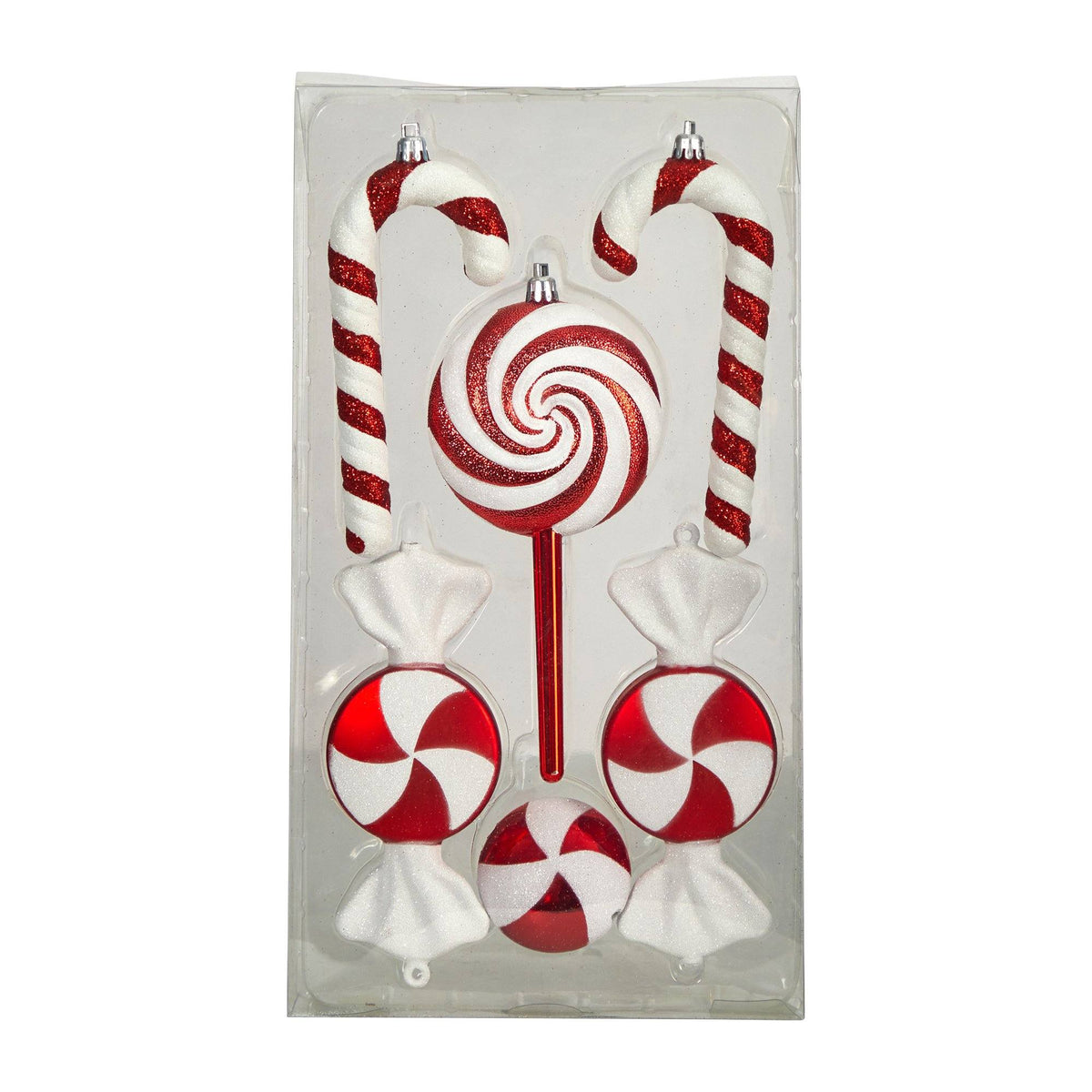 7in shatterproof ornament set of 6 with red-and-white candy canes and peppermint balls on Tampa Home & Garden Store