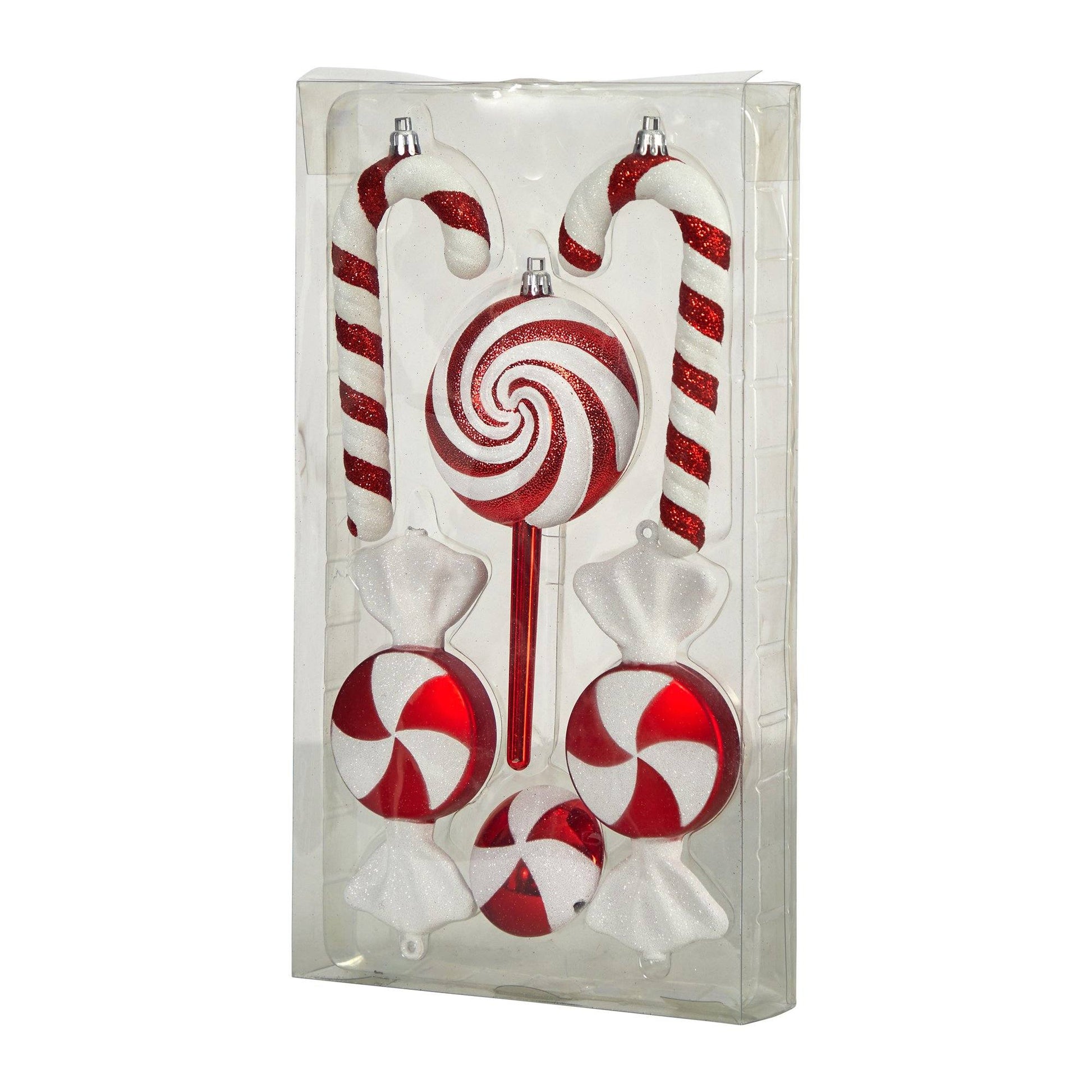 Ornament set of 6, Nearly Natural 7in candy cane and swirl red-white shatterproof in clear box on Tampa Home & Garden Store