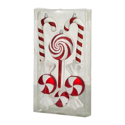 Ornament set of 6, Nearly Natural 7in candy cane and swirl red-white shatterproof in clear box on Tampa Home & Garden Store