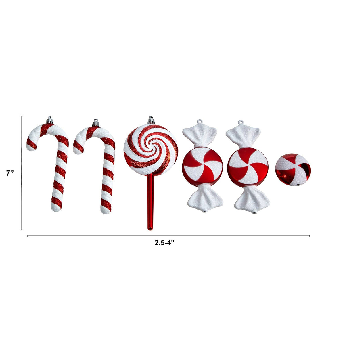 Ornament set 6: candy cane striped and red-white swirl ball ornaments with white bows, shatterproof on Tampa Home & Garden Store