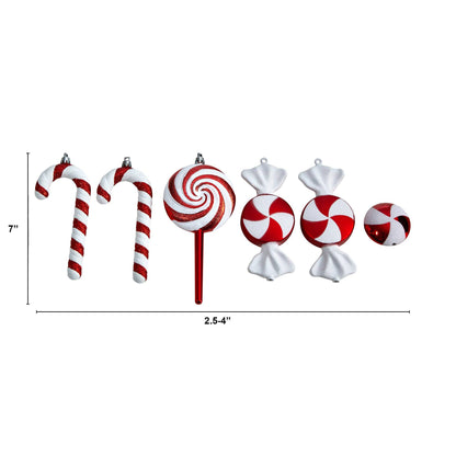 Ornament set 6: candy cane striped and red-white swirl ball ornaments with white bows, shatterproof on Tampa Home & Garden Store