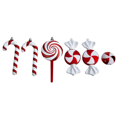 7in shatterproof ornament set of 6 with red-and-white candy canes and peppermint swirl balls on Tampa Home & Garden Store