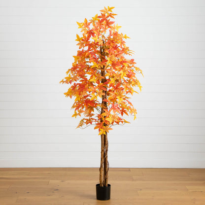 7' Autumn Deluxe Maple Artificial Tree Nearly Natural with orange maple leaves in a black pot on Tampa Home & Garden Store