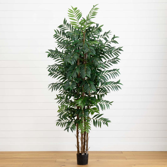 7' Bamboo Palm Silk Tree by Nearly Natural in a black pot with lush green leaves on Tampa Home & Garden Store