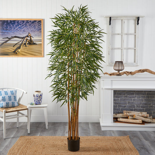 7' Fancy Style Slim Bamboo Silk Tree by Nearly Natural in black pot with green leaves on Tampa Home & Garden Store