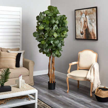 7’ Fiddle Leaf Fig Artificial Tree by Nearly Natural with beige trunk in a black pot on Tampa Home & Garden Store
