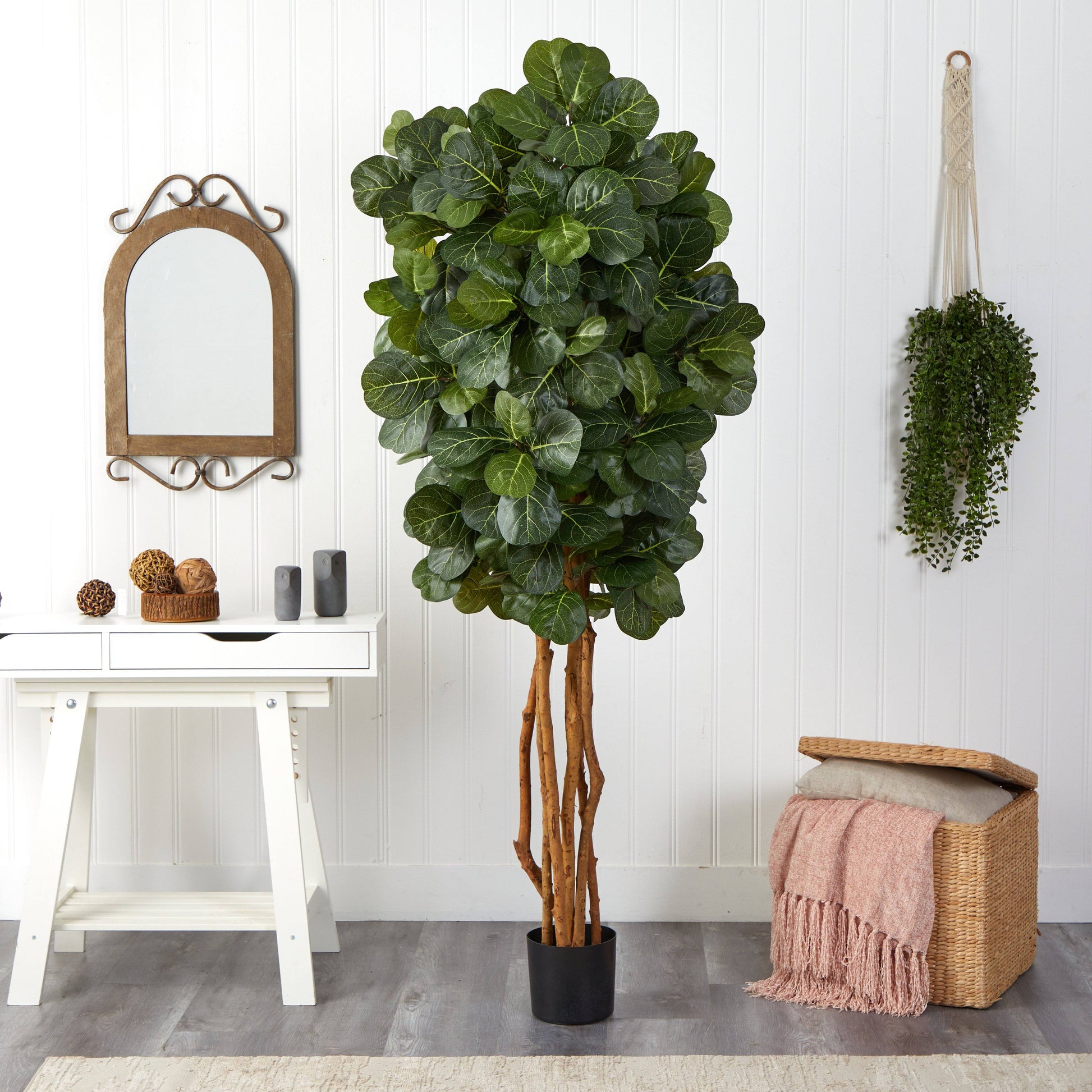7’ Fiddle Leaf Fig Artificial Tree with beige trunk in a black pot by Nearly Natural on Tampa Home & Garden Store