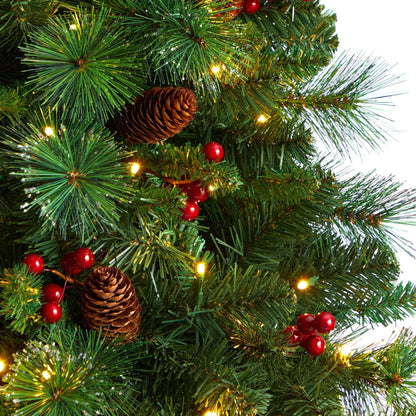 Árbol de Navidad artificial de 2,1 m de altura, plano por detrás, modelo Montreal Mountain, con piñas y bayas