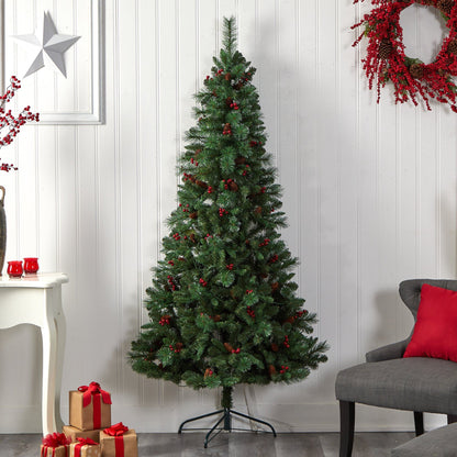 Árbol de Navidad artificial de 2,1 m de altura, plano por detrás, modelo Montreal Mountain, con piñas y bayas