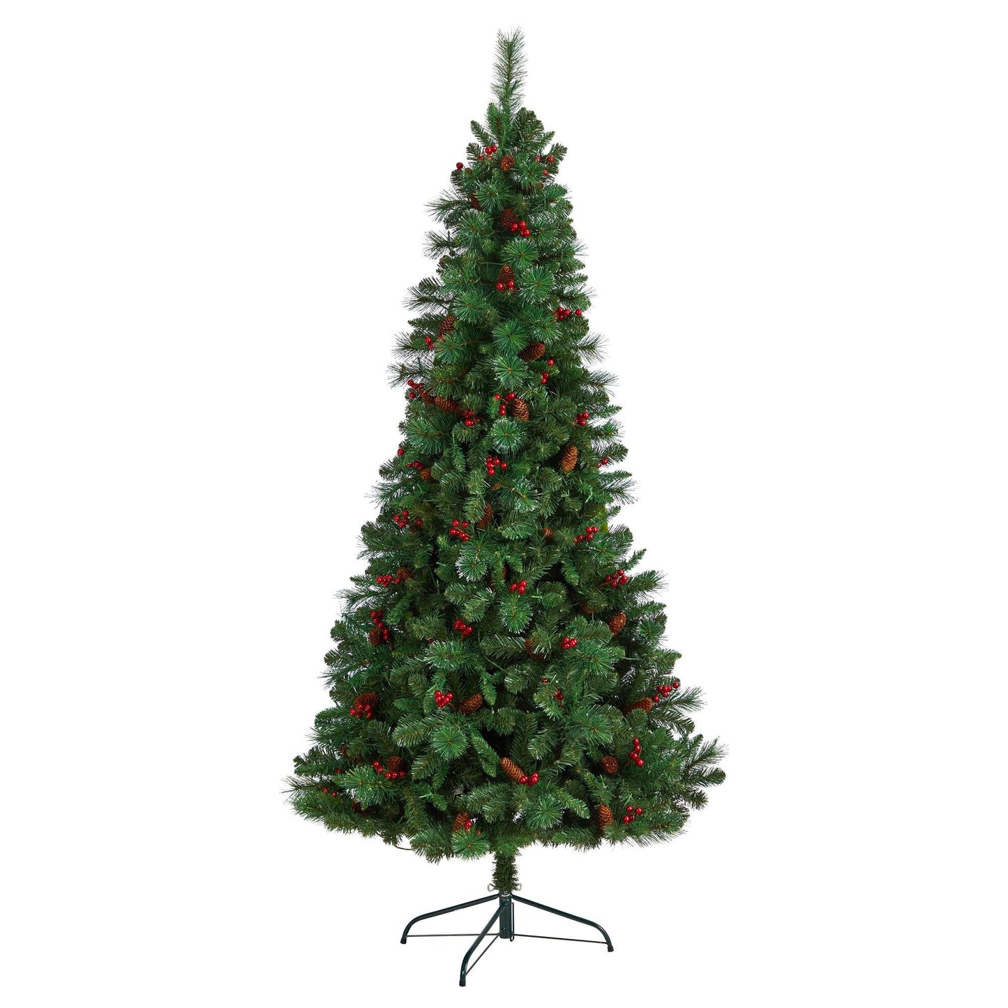 Árbol de Navidad artificial de 2,1 m de altura, plano por detrás, modelo Montreal Mountain, con piñas y bayas