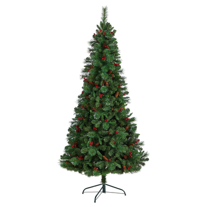 Árbol de Navidad artificial de 2,1 m de altura, plano por detrás, modelo Montreal Mountain, con piñas y bayas