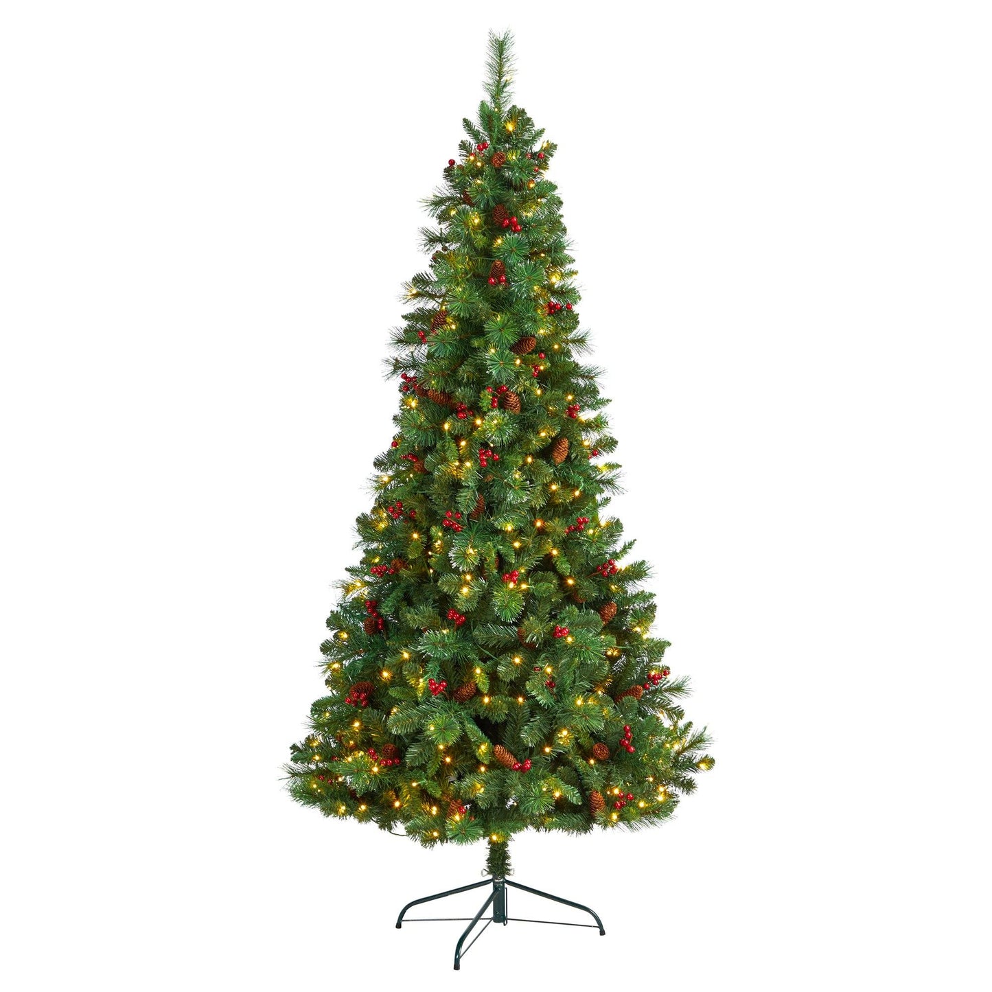 Árbol de Navidad artificial de 2,1 m de altura, plano por detrás, modelo Montreal Mountain, con piñas y bayas