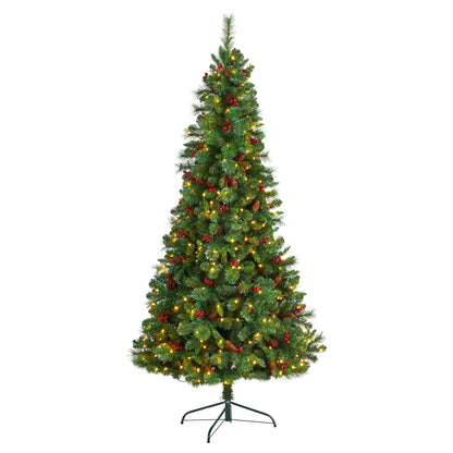 Árbol de Navidad artificial de 2,1 m de altura, plano por detrás, modelo Montreal Mountain, con piñas y bayas