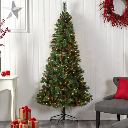 Árbol de Navidad artificial de 2,1 m de altura, plano por detrás, modelo Montreal Mountain, con piñas y bayas