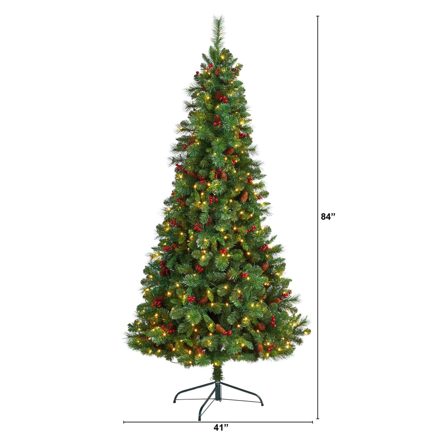 Árbol de Navidad artificial de 2,1 m de altura, plano por detrás, modelo Montreal Mountain, con piñas y bayas