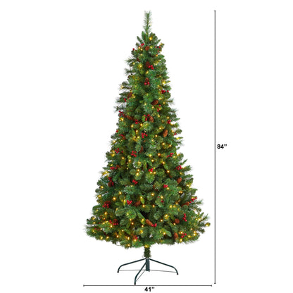 Árbol de Navidad artificial de 2,1 m de altura, plano por detrás, modelo Montreal Mountain, con piñas y bayas