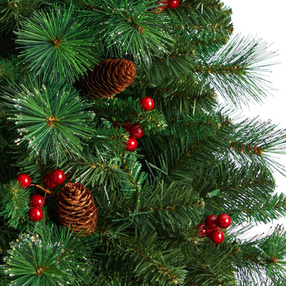 Árbol de Navidad artificial de 2,1 m de altura, plano por detrás, modelo Montreal Mountain, con piñas y bayas