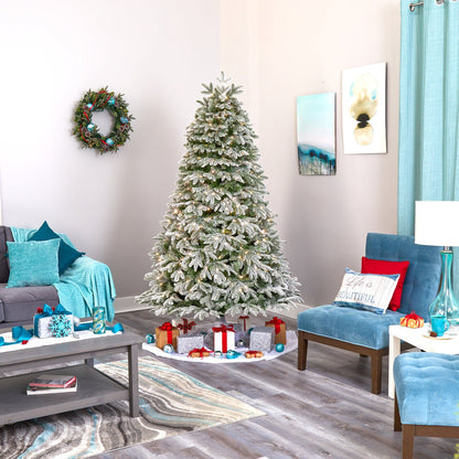 7' Flocked Colorado Mountain Fir Christmas Tree by Nearly Natural in living room with gifts on Tampa Home & Garden Store