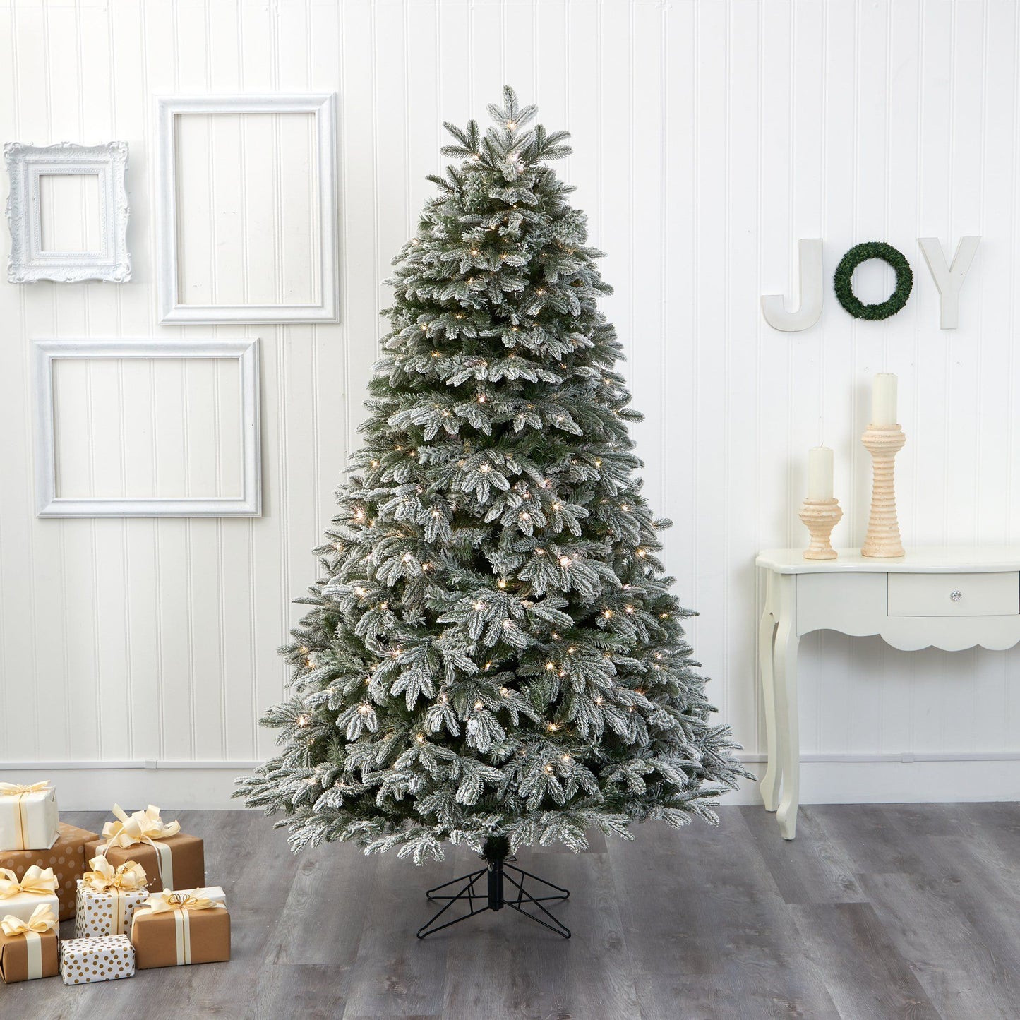 7' Flocked Colorado Mountain Fir Christmas Tree by Nearly Natural with needles and lights on Tampa Home & Garden Store