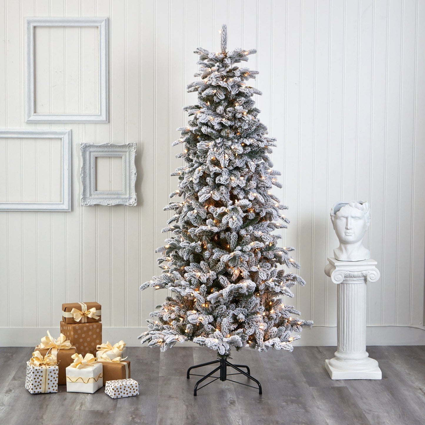 7 ft flocked North Carolina fir artificial Christmas tree with 550 warm white lights on Tampa Home & Garden Store