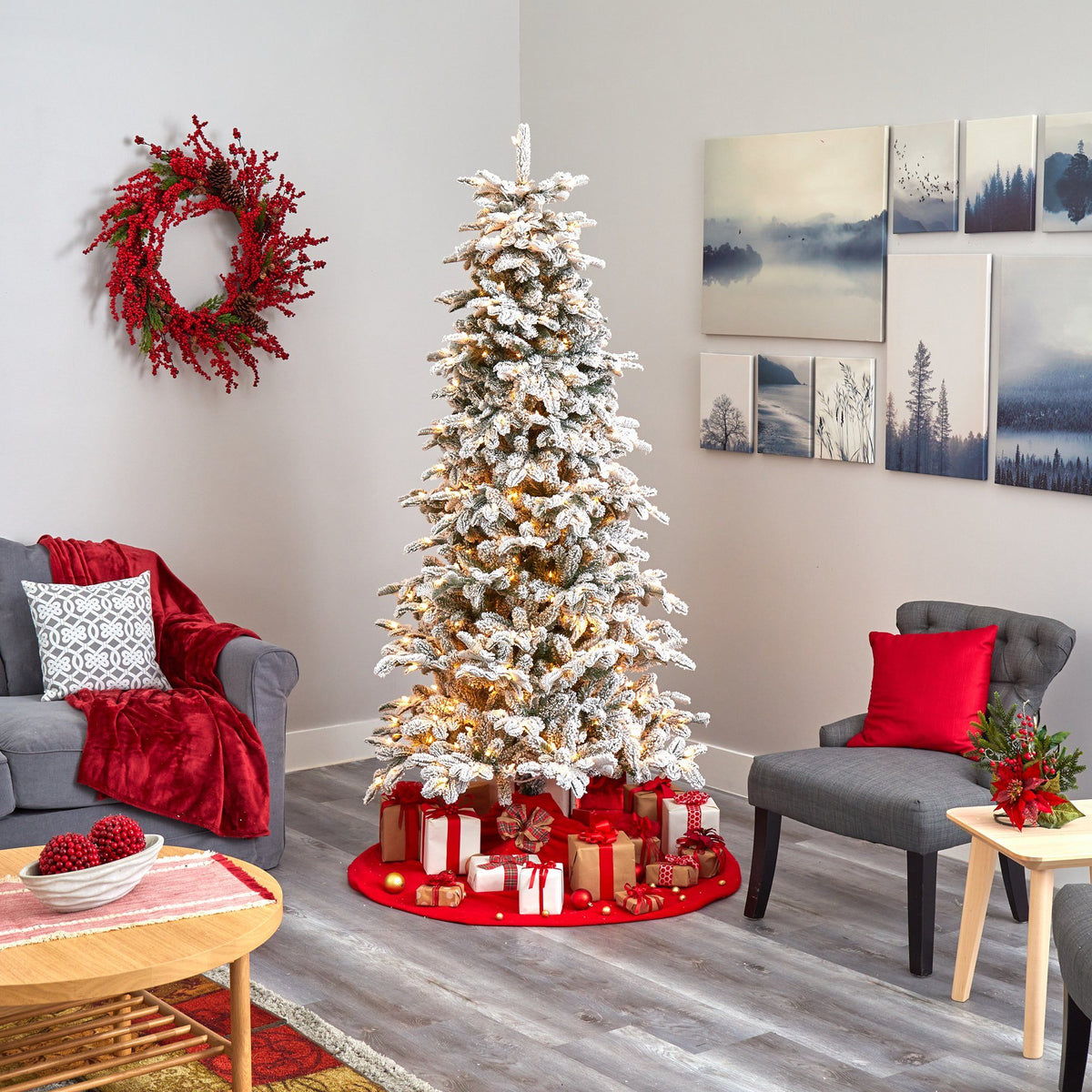 7' Flocked NC Fir Christmas Tree with 550 white lights and 2090 bendable branches on Tampa Home & Garden Store