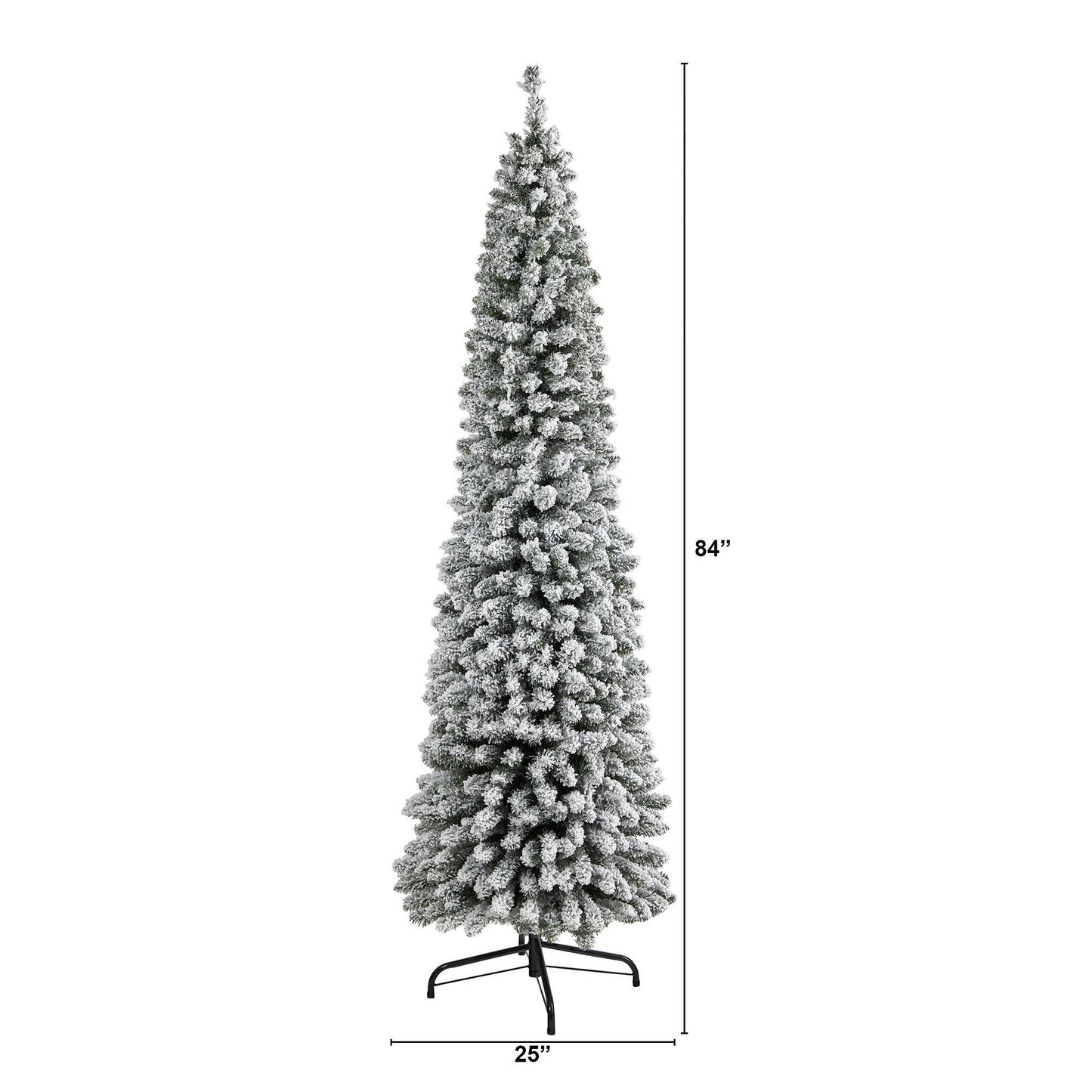 7ft flocked pencil artificial Christmas tree with 574 bendable branches on black metal stand, 25in base on Tampa Home & Garden Store