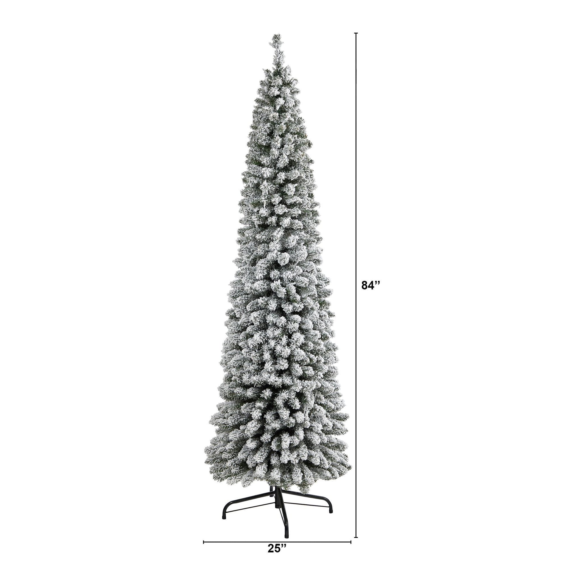 7ft flocked pencil artificial Christmas tree with 574 bendable branches on black metal stand, 25in base on Tampa Home & Garden Store