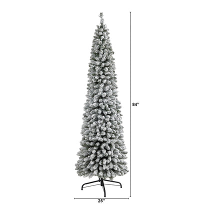 7ft flocked pencil artificial Christmas tree with 574 bendable branches on black metal stand, 25in base on Tampa Home & Garden Store