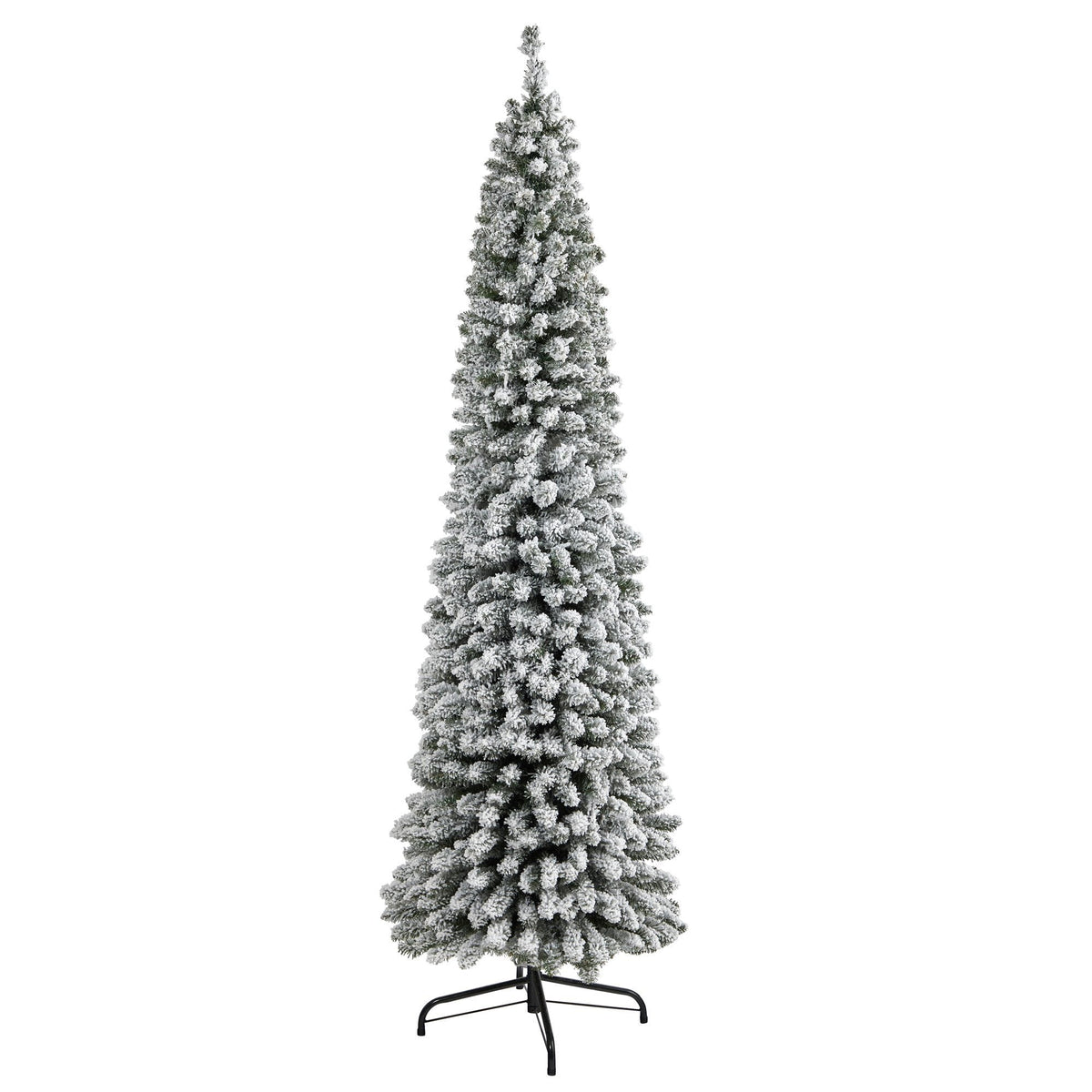 7 ft Nearly Natural flocked pencil Christmas tree with 574 bendable branches on a metal stand on Tampa Home & Garden Store