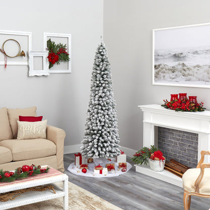 7 ft flocked pencil Christmas tree by Nearly Natural with 574 bendable branches frosted in snow on Tampa Home & Garden Store