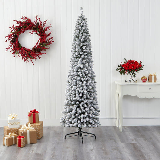 7 ft Flocked Pencil Christmas Tree Nearly Natural with 574 bendable branches snow-flocked needles on Tampa Home & Garden Store