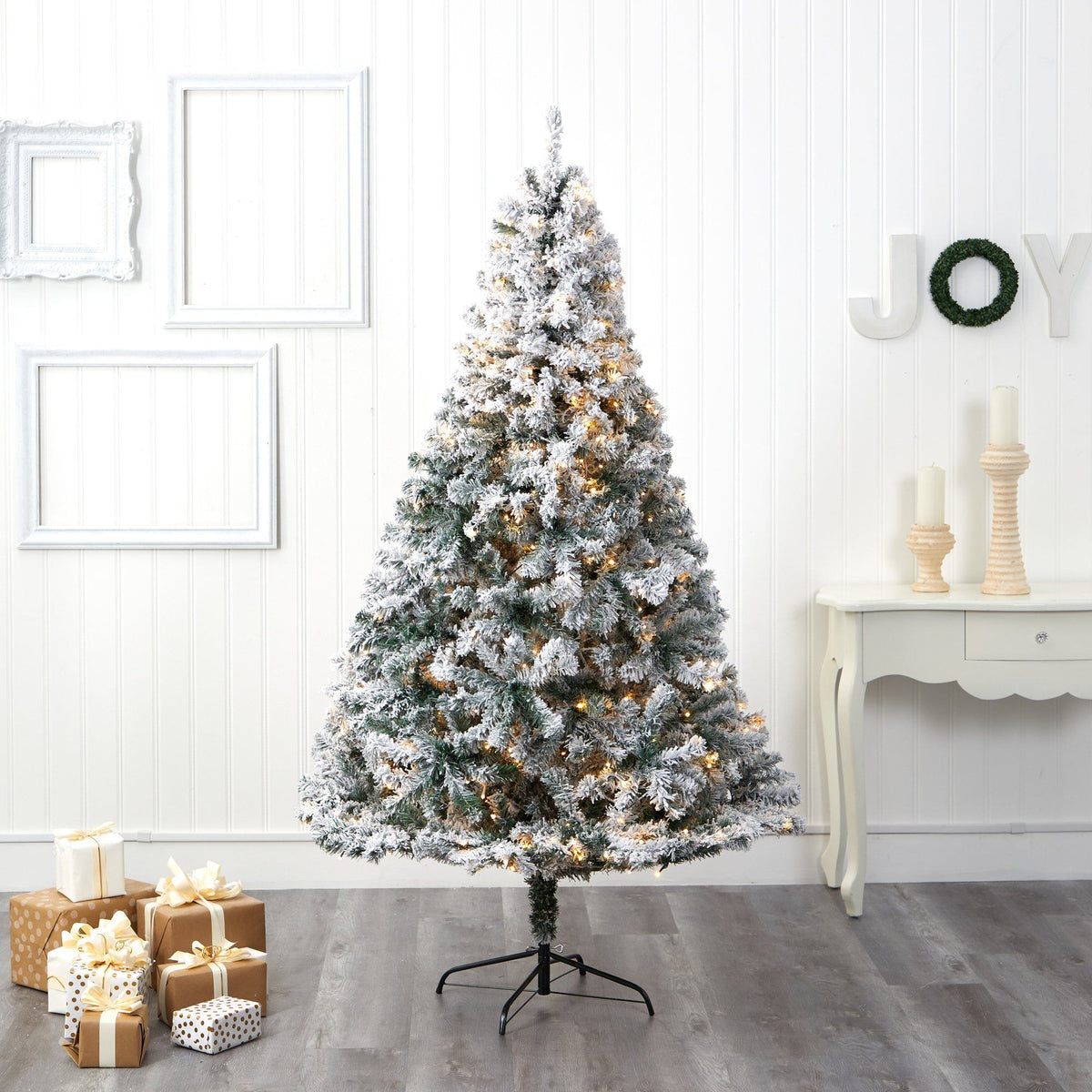 7' Flocked Spruce Christmas tree with 350 clear LED lights and 800 bendable branches on Tampa Home & Garden Store