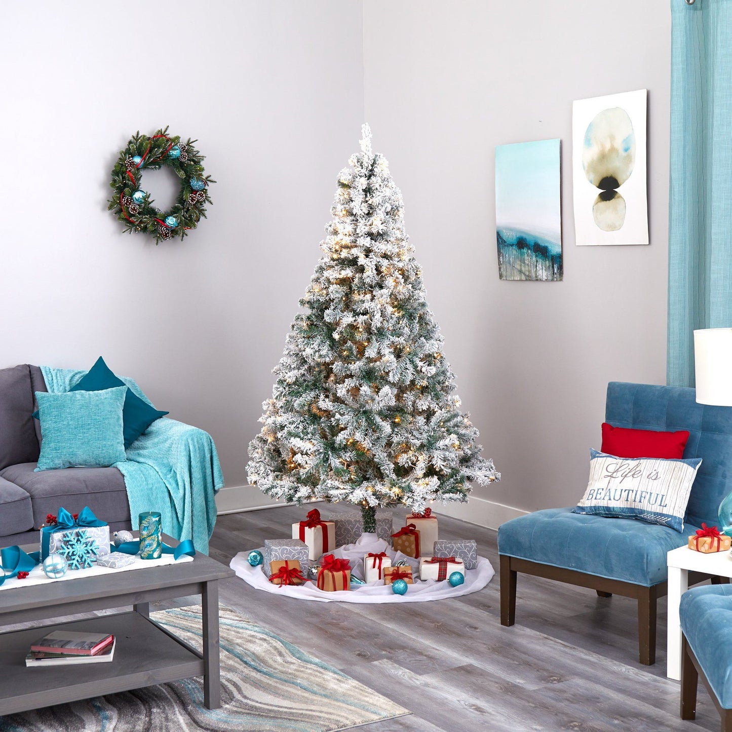 7' flocked Rock Springs Spruce artificial Christmas tree with 350 clear LED lights on Tampa Home & Garden Store