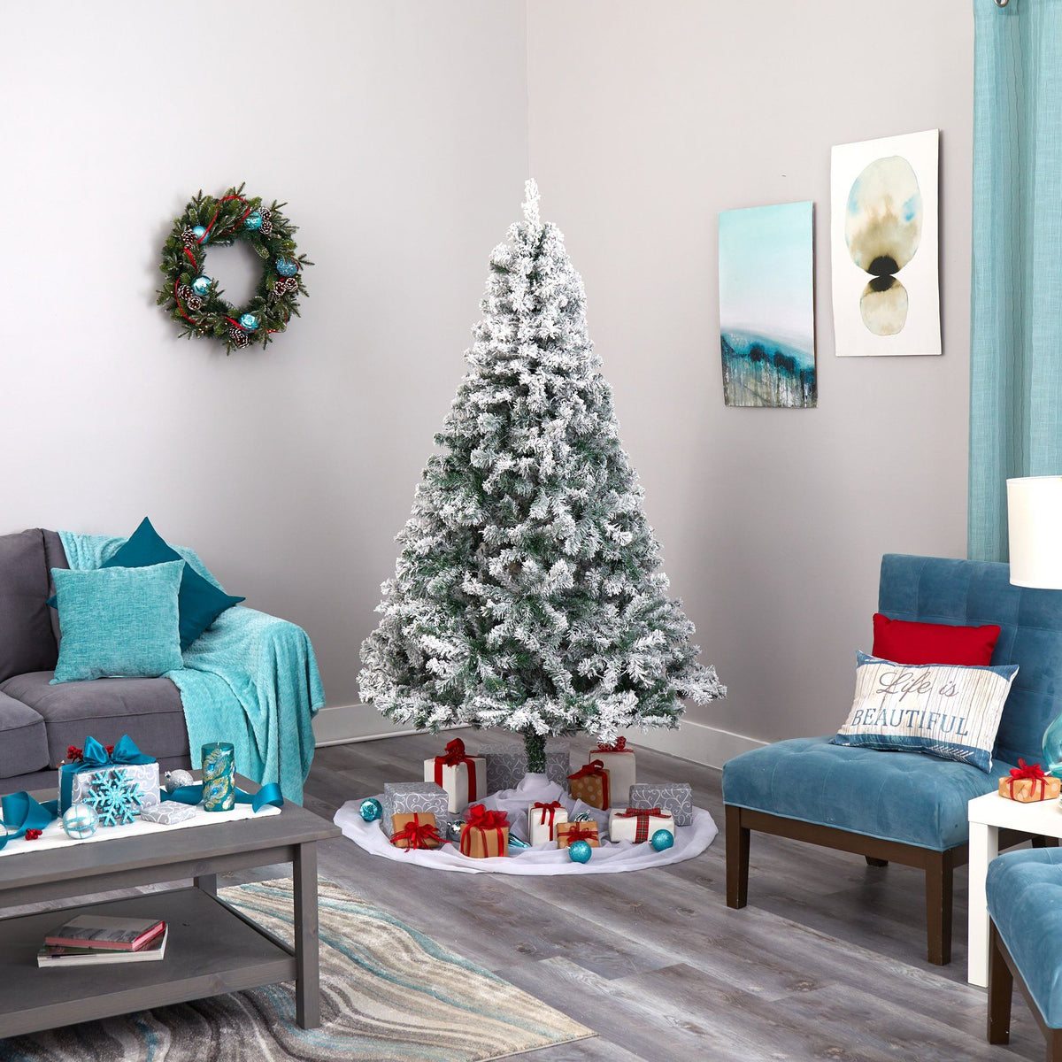 7' Flocked Rock Springs Spruce tree with 800 bendable branches Nearly Natural snowy flocking on Tampa Home & Garden Store