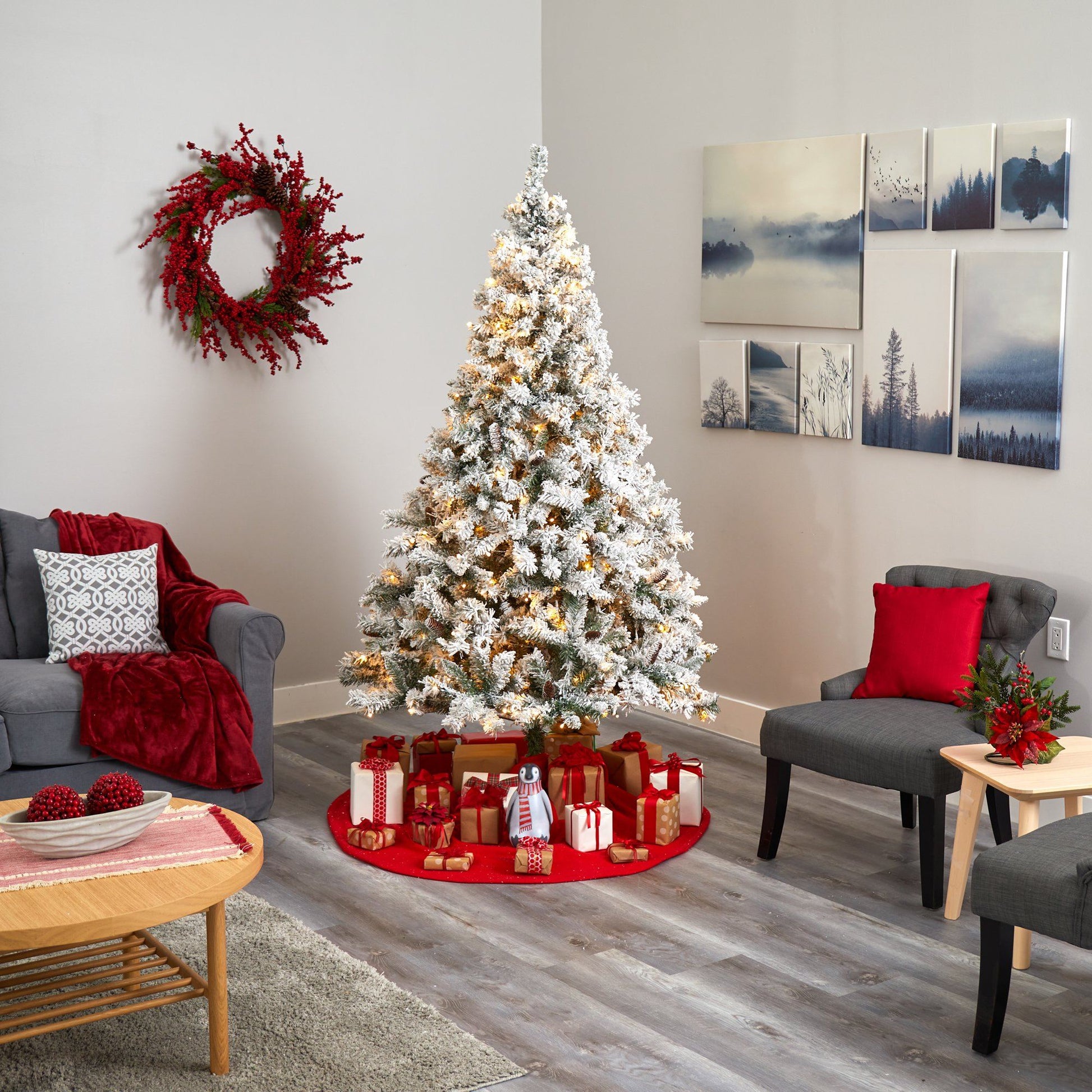 7 ft flocked white pine artificial Christmas tree Nearly Natural with pinecones and LEDs on Tampa Home & Garden Store