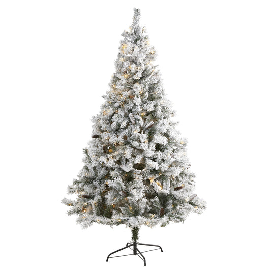 7 ft flocked white pine artificial Christmas tree with pinecones and LED lights on Tampa Home & Garden Store