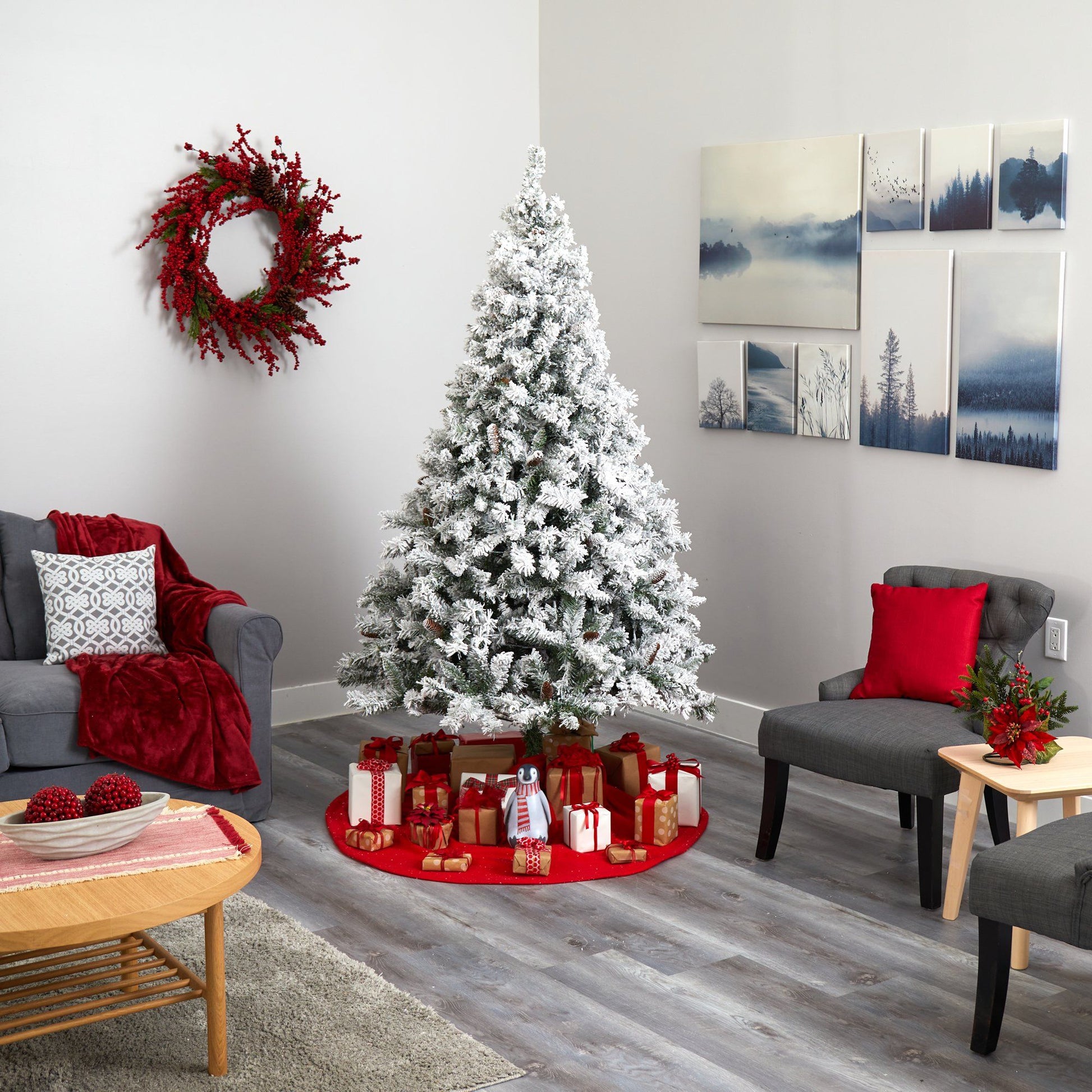7' flocked white artificial Christmas tree with pinecones and 350 LED lights on Tampa Home & Garden Store