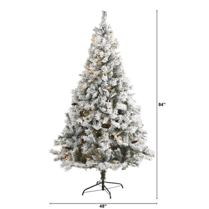 7' flocked white pine artificial Christmas tree with pinecones and 350 LED by Nearly Natural on Tampa Home & Garden Store