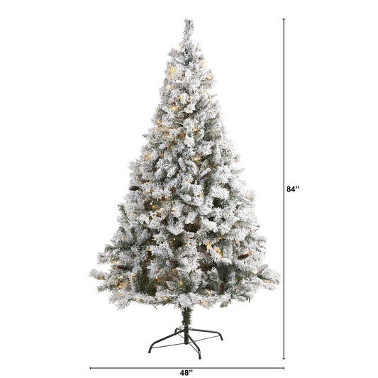 7' flocked white pine artificial Christmas tree with pinecones and 350 LED by Nearly Natural on Tampa Home & Garden Store