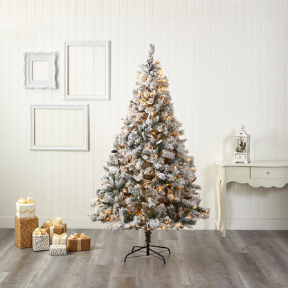 7' flocked River Mountain Pine artificial Christmas tree with pinecones and 350 LED lights on Tampa Home & Garden Store