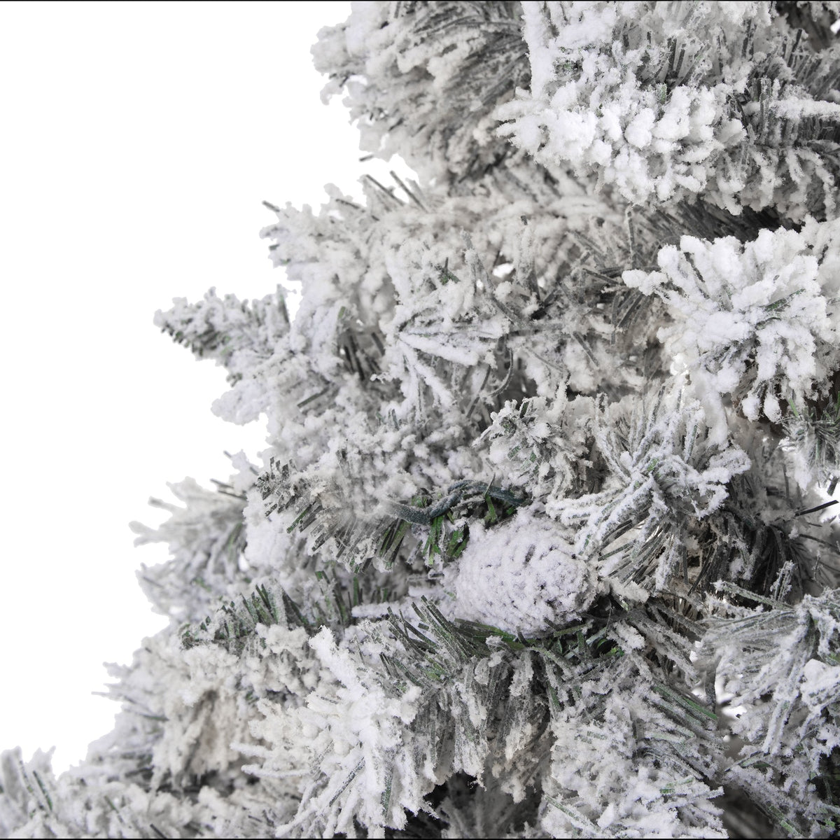 7' flocked white river mountain pine artificial Christmas tree, snow-flocked branches on Tampa Home & Garden Store