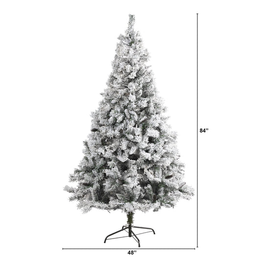 7 ft Nearly Natural flocked white river mountain pine tree with pinecones on metal stand on Tampa Home & Garden Store