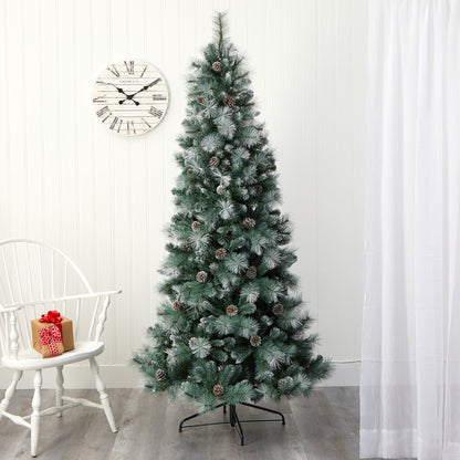 Árbol de Navidad artificial Frosted Tip British Columbia Mountain Pine con 400 luces claras, piñas y 882 ramas flexibles