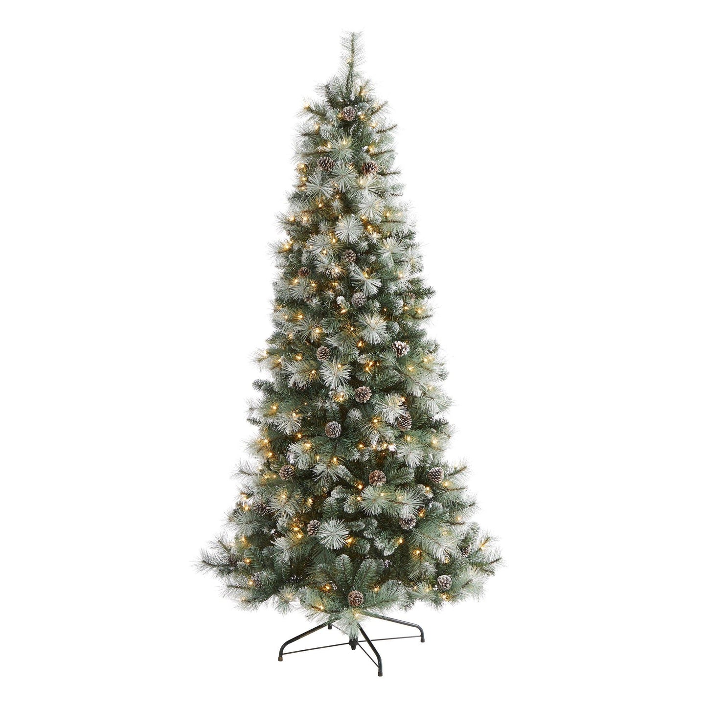 Árbol de Navidad artificial Frosted Tip British Columbia Mountain Pine con 400 luces claras, piñas y 882 ramas flexibles