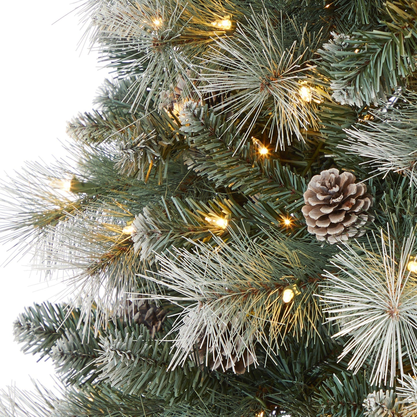 Árbol de Navidad artificial Frosted Tip British Columbia Mountain Pine con 400 luces claras, piñas y 882 ramas flexibles