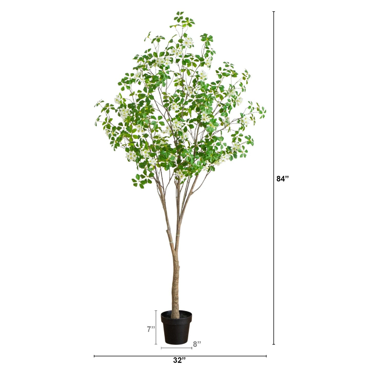 7' Artificial Dogwood Tree by Nearly Natural in a black pot with white blossoms and green leaves on Tampa Home & Garden Store