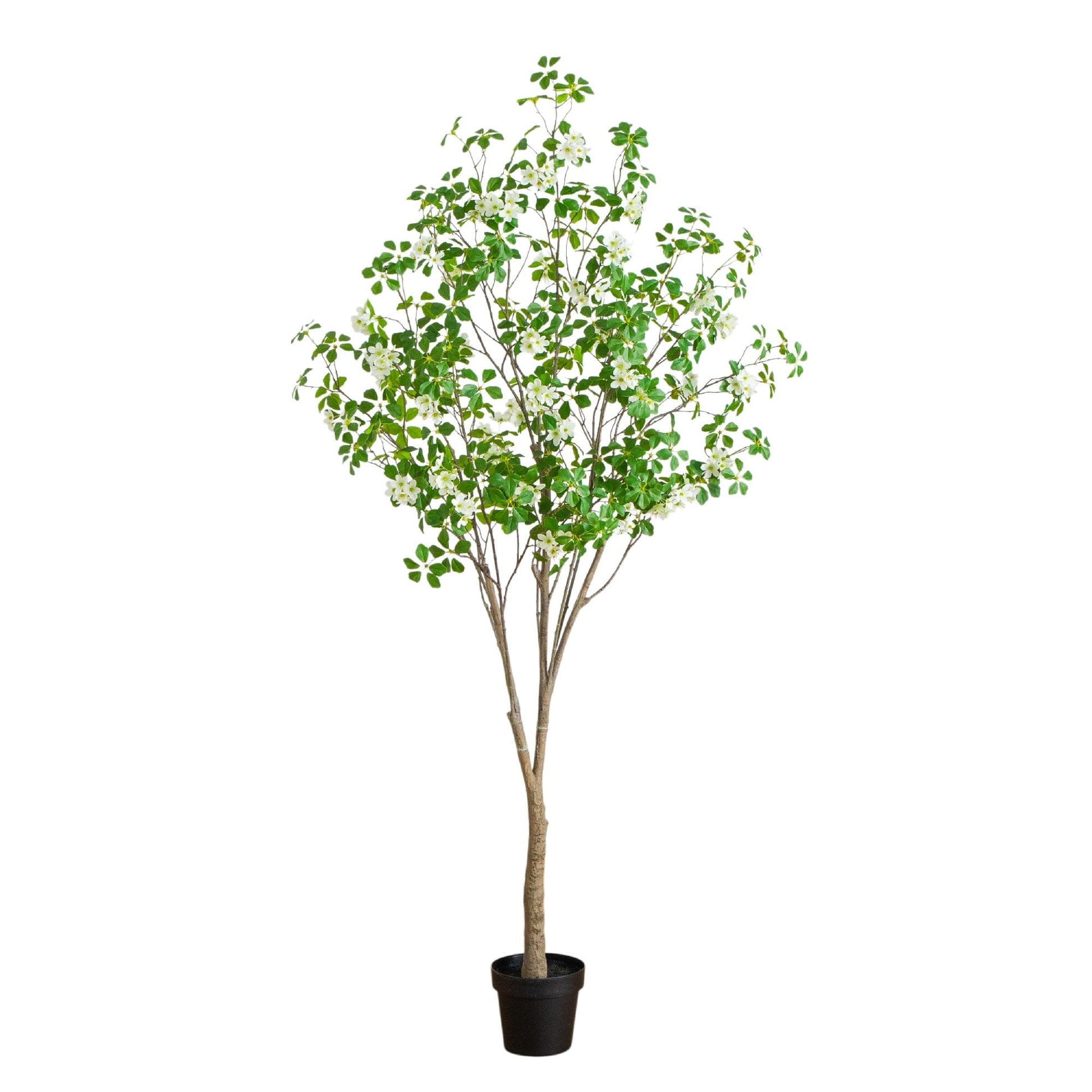 7' Artificial Dogwood Tree by Nearly Natural in a black planter with white blossoms on Tampa Home & Garden Store