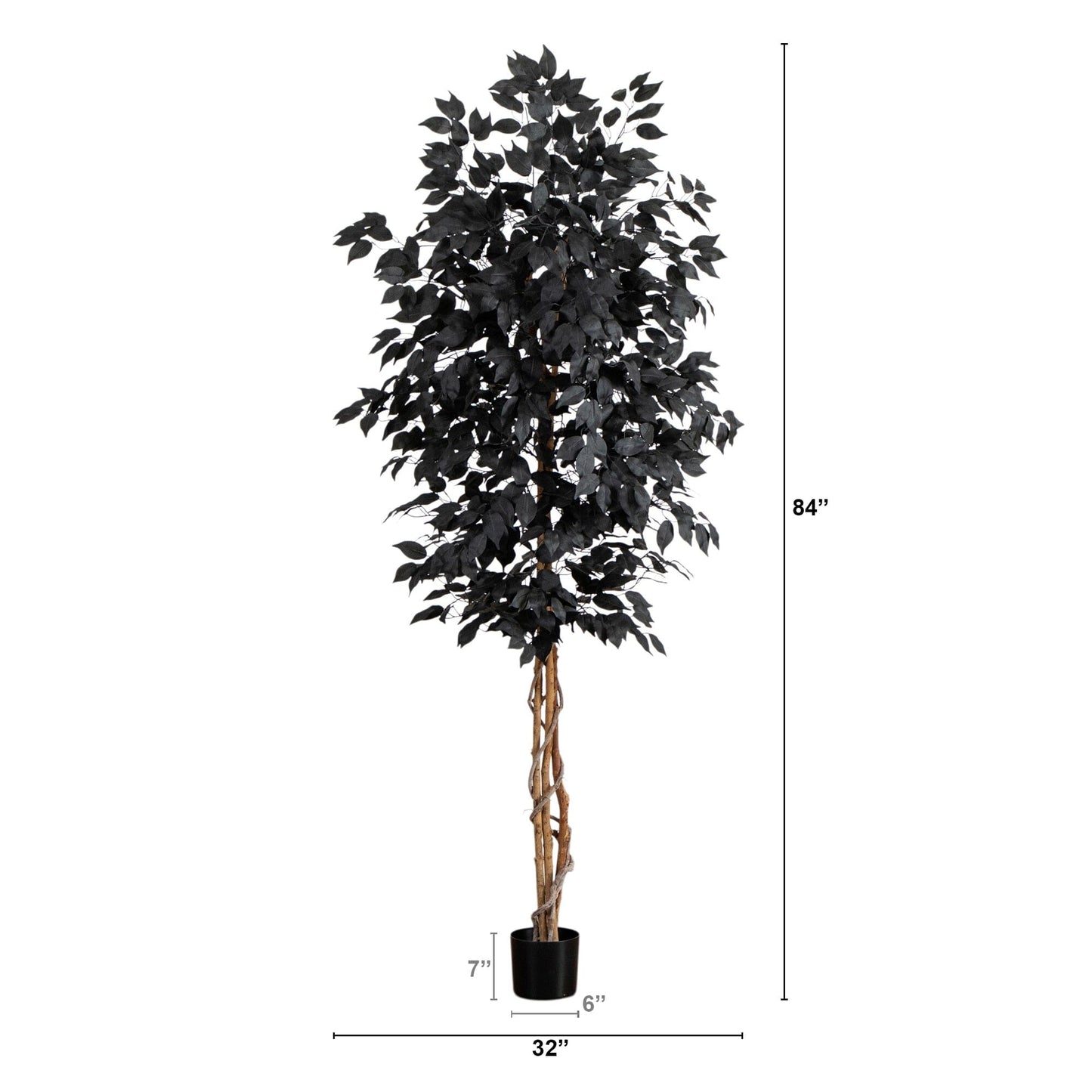 Nearly Natural 7 ft artificial black ficus tree with natural trunk in black pot on Tampa Home & Garden Store