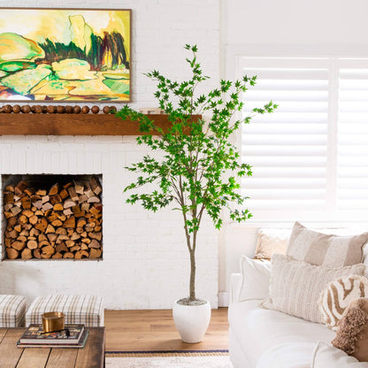 7-ft artificial maple tree Nearly Natural in white pot by fireplace on Tampa Home & Garden Store