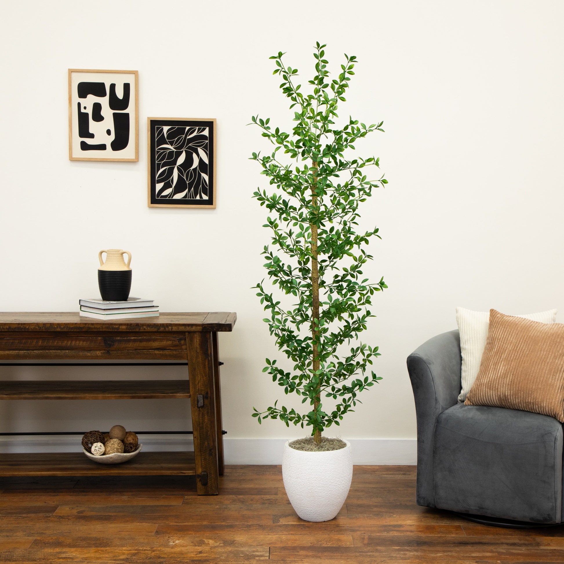 7' Shady Lady Black Olive artificial tree by Nearly Natural in a white textured pot on Tampa Home & Garden Store